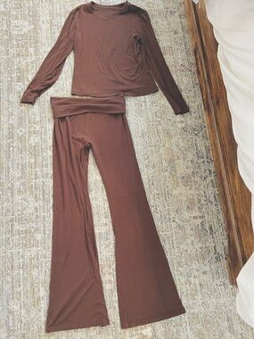 Brown Two-Piece Lounge Set - Long Sleeve Top & Flared Pants